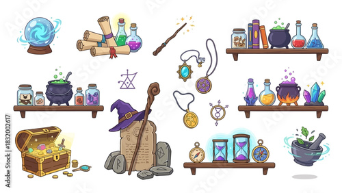 Whimsical Collection of Magical and Alchemical Items – 4K Ultra HD Render Featuring Crystal Ball, Potions, Scrolls, Cauldron, and Decorative Elements for Fantasy Storytelling, Mythical Lore