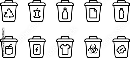 Recycling bins and waste sorting icons set. Trash, garbage, eco outline vector illustrations
