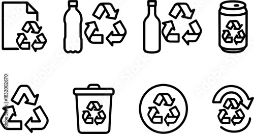 Recycling bins and waste sorting icons set. Trash, garbage, eco outline vector illustrations