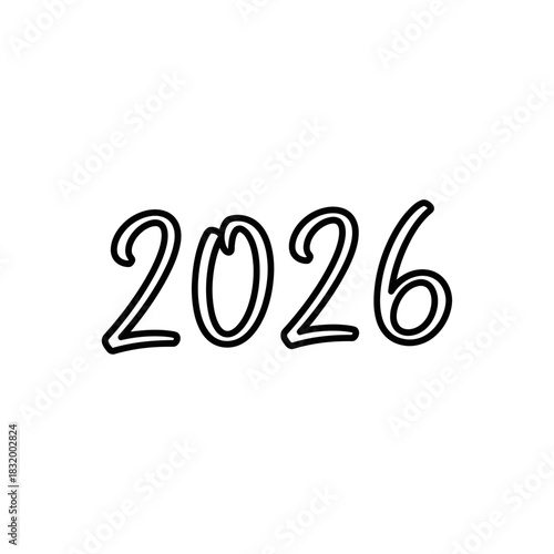 Black outline of the year 2026 written in a casual, handwritten style, isolated on white background