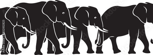 A herd of elephants walking in monochrome graphic illustration
