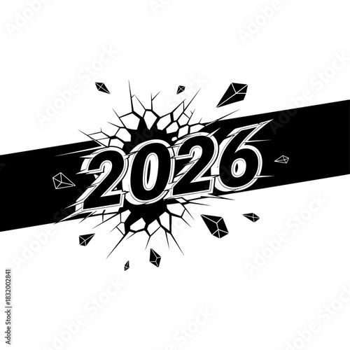 Bold black and white graphic design featuring the year 2026 breaking through a solid line, isolated on white background