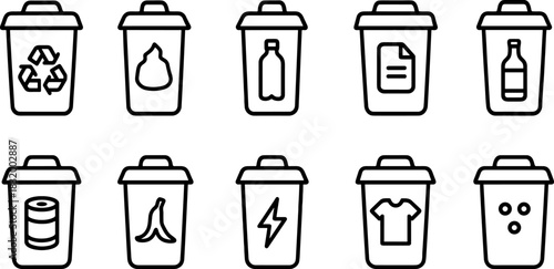 Recycling bins and waste sorting icons set. Trash, garbage, eco outline vector illustrations
