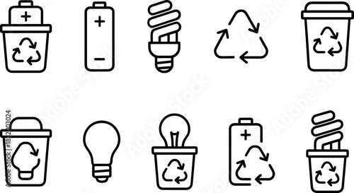 Recycling bins and waste sorting icons set. Trash, garbage, eco outline vector illustrations