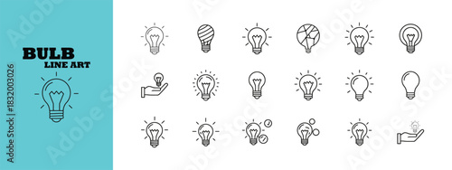 Collection of black line art light bulb icons on white and blue background idea innovation