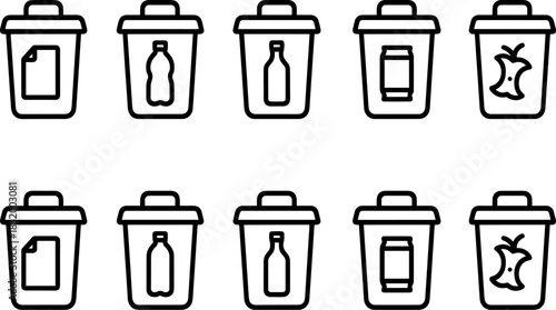 Recycling bins and waste sorting icons set. Trash, garbage, eco outline vector illustrations