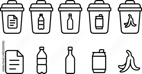 Recycling bins and waste sorting icons set. Trash, garbage, eco outline vector illustrations