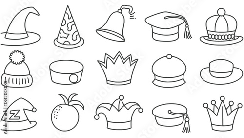 Various hat types drawing collection vector outline illustration