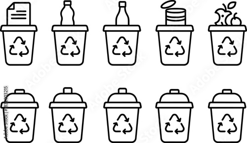 Recycling bins and waste sorting icons set. Trash, garbage, eco outline vector illustrations