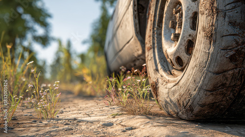 Old car tire on dirt road with wildflowers