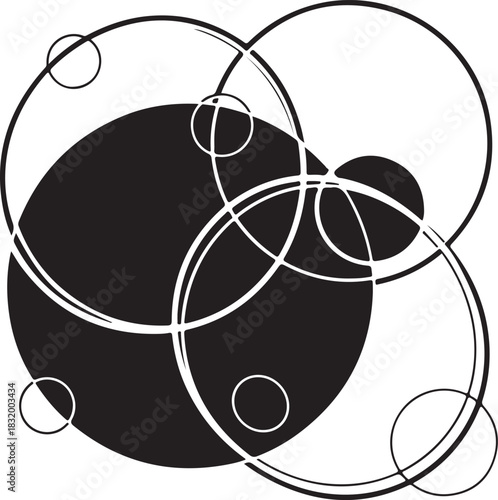 Black and white abstract circles overlapping geometric design art