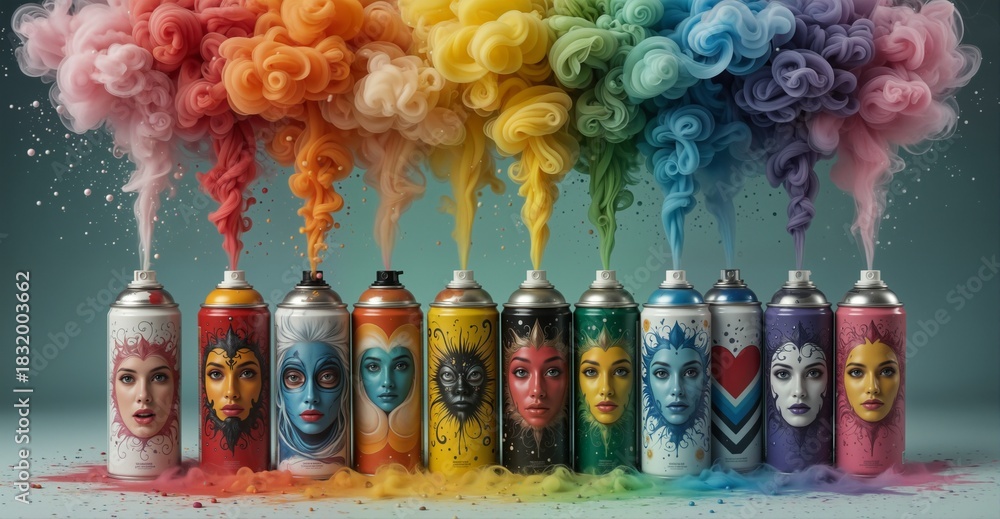 Obraz premium colorful spray paint cans releasing vibrant, artistic portraits of diverse women with swirling smoke effects.