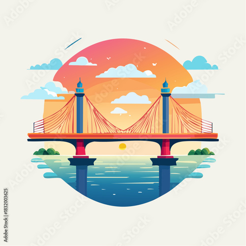 Vibrant Cable Stayed Bridge Spans Water Under a Sunset Sky with Clouds and Islands