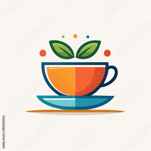 Vibrant orange and blue teacup with green leaves and colorful dots illustration on a plain background.
