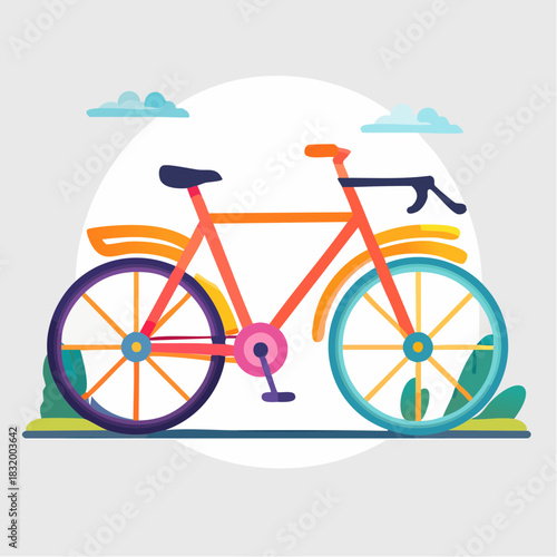 Orange Bicycle With Blue And Purple Wheels Parked Outdoors With Greenery And Cloudy Sky In The Background