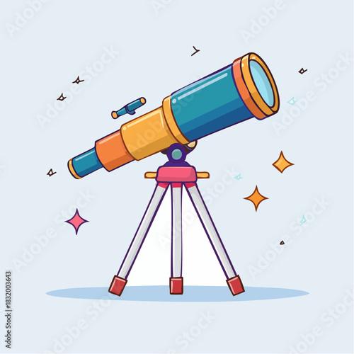 Pixel Art Telescope on Tripod Under Starry Sky with Birds and Rocket Flying By