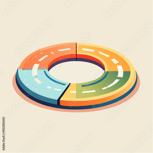 Isometric Doughnut Chart With Four Segments In Various Colors Showing Data Analysis And Growth On A Cream Background