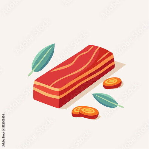 Rectangular Strip of Cured Pork Belly with Fat Layers and Slices of Orange Carrot and Green Sage Leaves Against a Light Cream Background