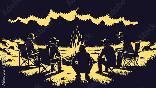 Campers gather around a crackling campfire under the night sky sharing stories 79 chars