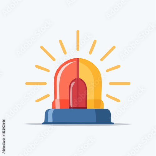Red and Yellow Flashing Siren Light on a Blue Base Emitting Orange Rays on a White Background