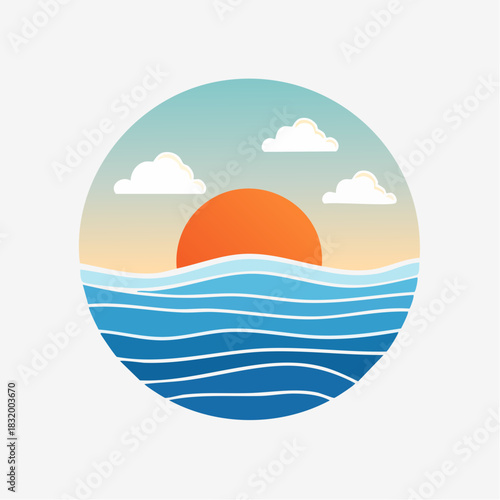 Circular Graphic of a Vibrant Orange Sun Setting Over Blue Wavy Ocean Under a Gradient Sky with White Clouds