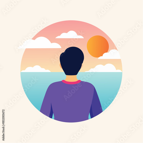 Man Stands Looking Out At A Calm Ocean Under A Sunset Sky With Fluffy Clouds