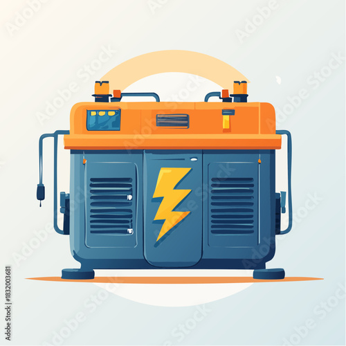 Industrial electrical generator with yellow lightning bolt symbol and orange top panel detailed illustration on white background