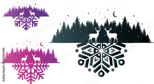 Winter landscape with deer and snowflakes creating a festive holiday atmosphere