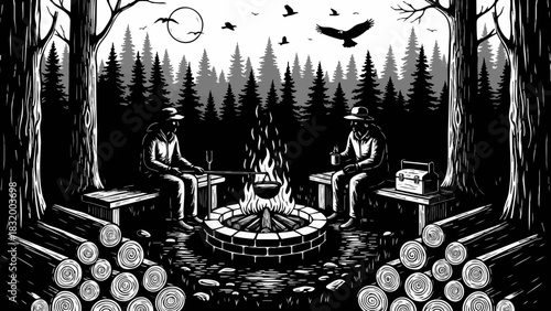 Campers enjoy a crackling campfire in a serene forest under the moonlight night sky