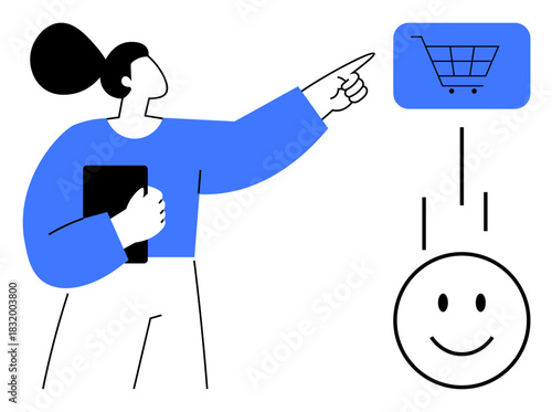 E-commerce concept. Woman interacting with online shopping elements, digital consumer experiences. E-commerce facilitates business transactions, customer engagement, and market trends. Ideal