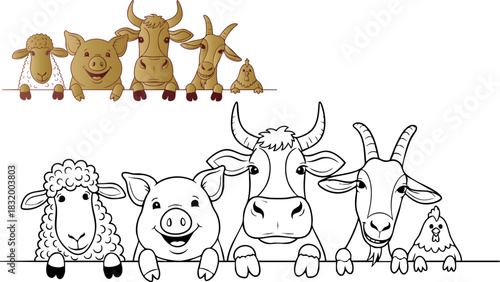 Farm animals sheep pig cow goat and chicken peeking over a fence illustration