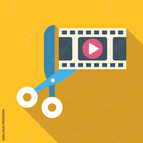 Scissors cutting a filmstrip icon featuring a play button, representing video editing and production