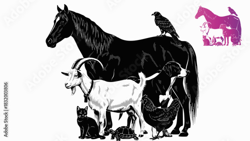 Farm animals gathered together in a monochrome illustration of rural life scene