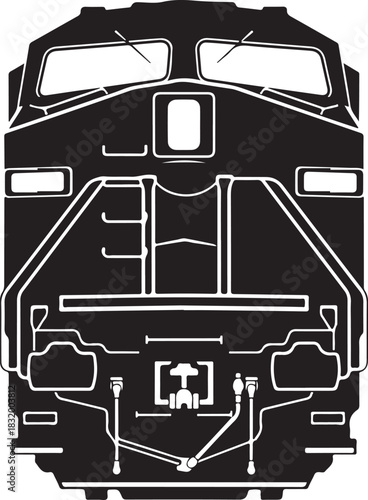 Detailed black and white train engine front view
