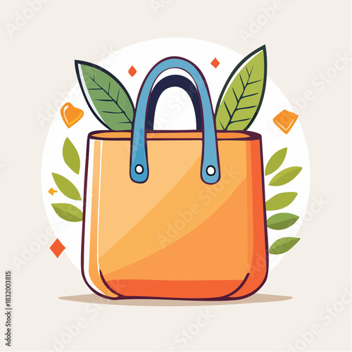 Orange Canvas Tote Bag With Blue Straps Surrounded By Green Leaves And Orange Shapes On A Light Peach Background With Soft Lighting