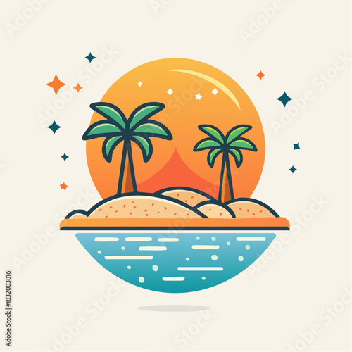 Pixel Art Island Paradise With Palm Trees And A Large Setting Sun Over Calm Blue Water Under Starry Sky