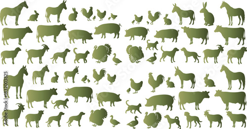 Pixelated farm animals arranged in rows against a black background in olive green