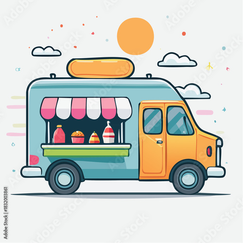 Colorful Food Truck with Sun and Clouds in a Cheerful Outdoor Scene
