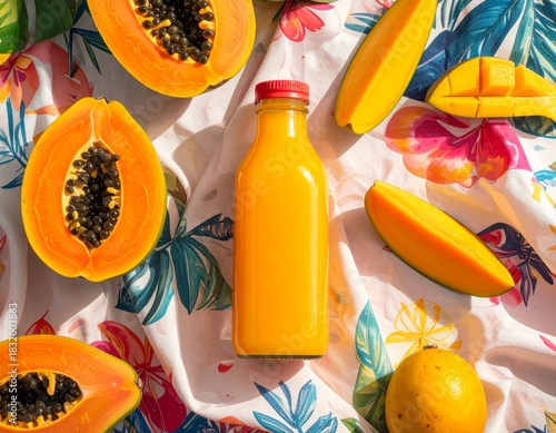 Multivitamin tropical fruit juice bottle with leaves still life — ai