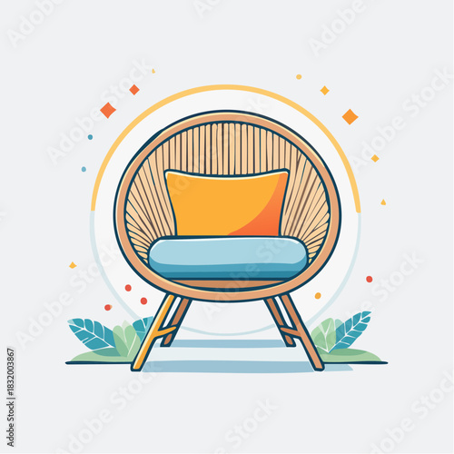 Woven Round Chair With Orange Pillow And Blue Cushion Neutral Background With Colorful Accents And Greenery And Light Ring Decoration