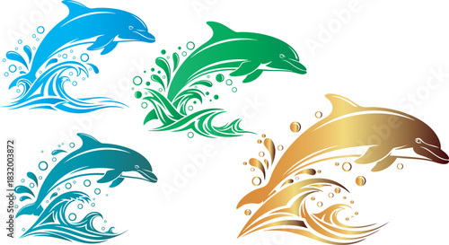 Colorful dolphin illustrations leaping from ocean waves on a black background art