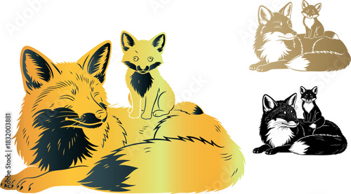 Golden fox and cub resting together in a warm and loving family illustration