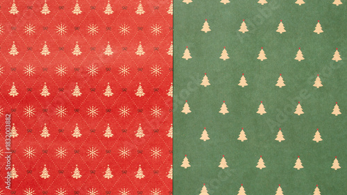 Green and red Christmas background with snowflakes and christmas trees,seamless pattern of christmas trees and snowflakes background,Christmas wrapping paper, Xmas pattern with ornaments.