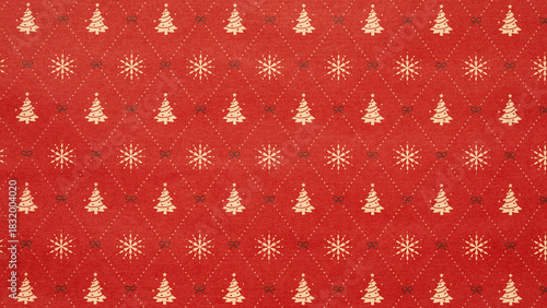 Red Christmas background with snowflakes and christmas trees,seamless pattern of christmas trees and snowflakes on red background,Christmas wrapping paper, Xmas pattern with ornaments.