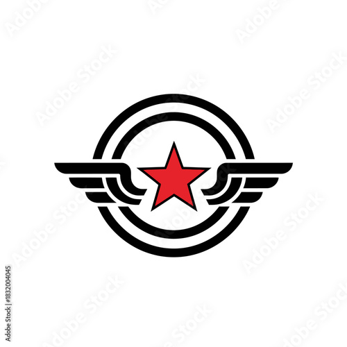 Stylized emblem featuring a red star enclosed by rings and symmetrical wings design