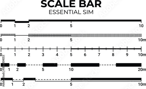 Essential Scale Bar Vector Graphic Set for Architectural Drawing, Engineering Blueprints, Cartography Maps, and Design Layouts Showing Metric Measurements and Distance Ratios in Digital Format