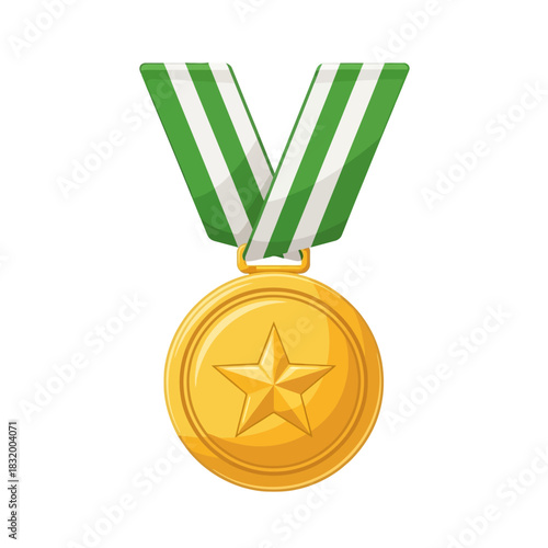 Gold medal with green ribbon representing achievement and success for accomplishments