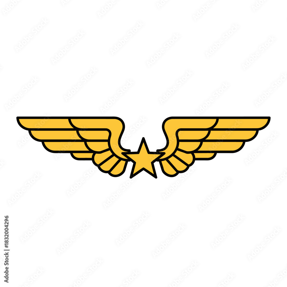 Obraz premium Aviation symbol displaying golden wings outstretched with a star in the middle icon
