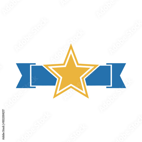 Stylized gold star emblem with blue ribbon accents for achievements awards design