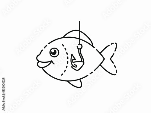 Simple Line Art Fish Hooked on Fishing Line